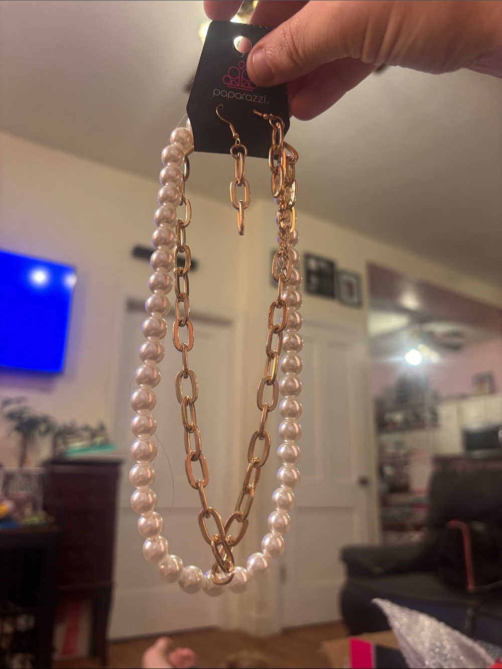 paparazzi Gold & White Pearl Layered Necklace with Matching Drops